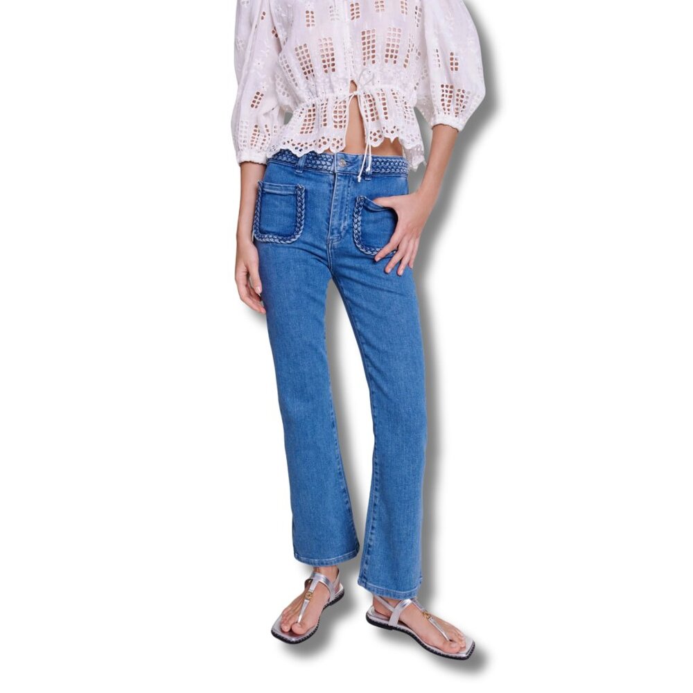 Maje Paris High-Rise Flare Jeans with Braided Trim, Size 0